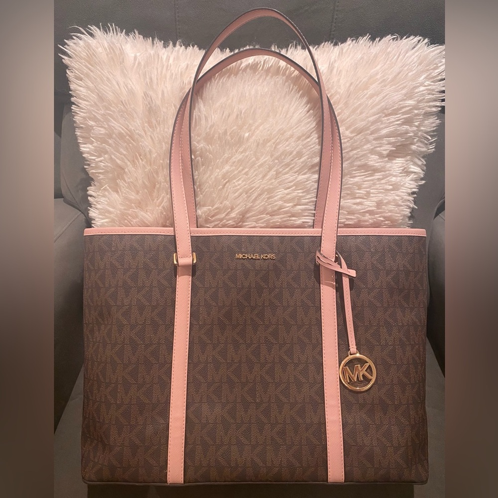 MICHAEL KORS Sady Signature Large Top Zip Tote Shoulder Purse SMOKEY ROSE PINK